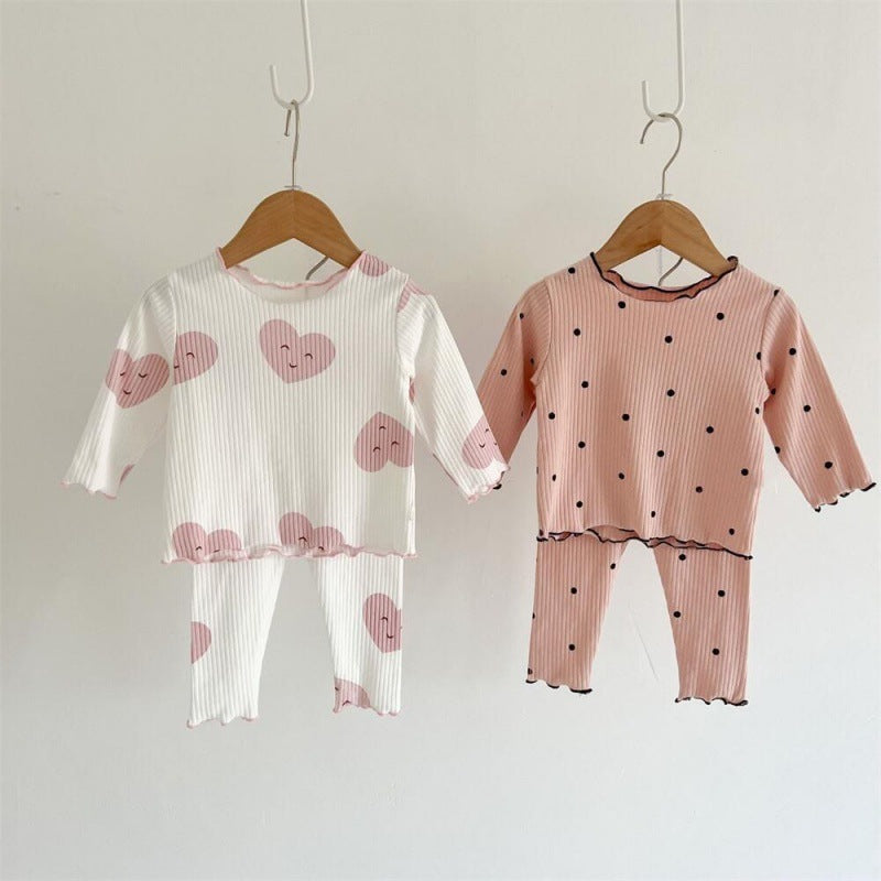Girls' Long Sleeved Home Wear Pajamas With Wooden Ear Edge Set