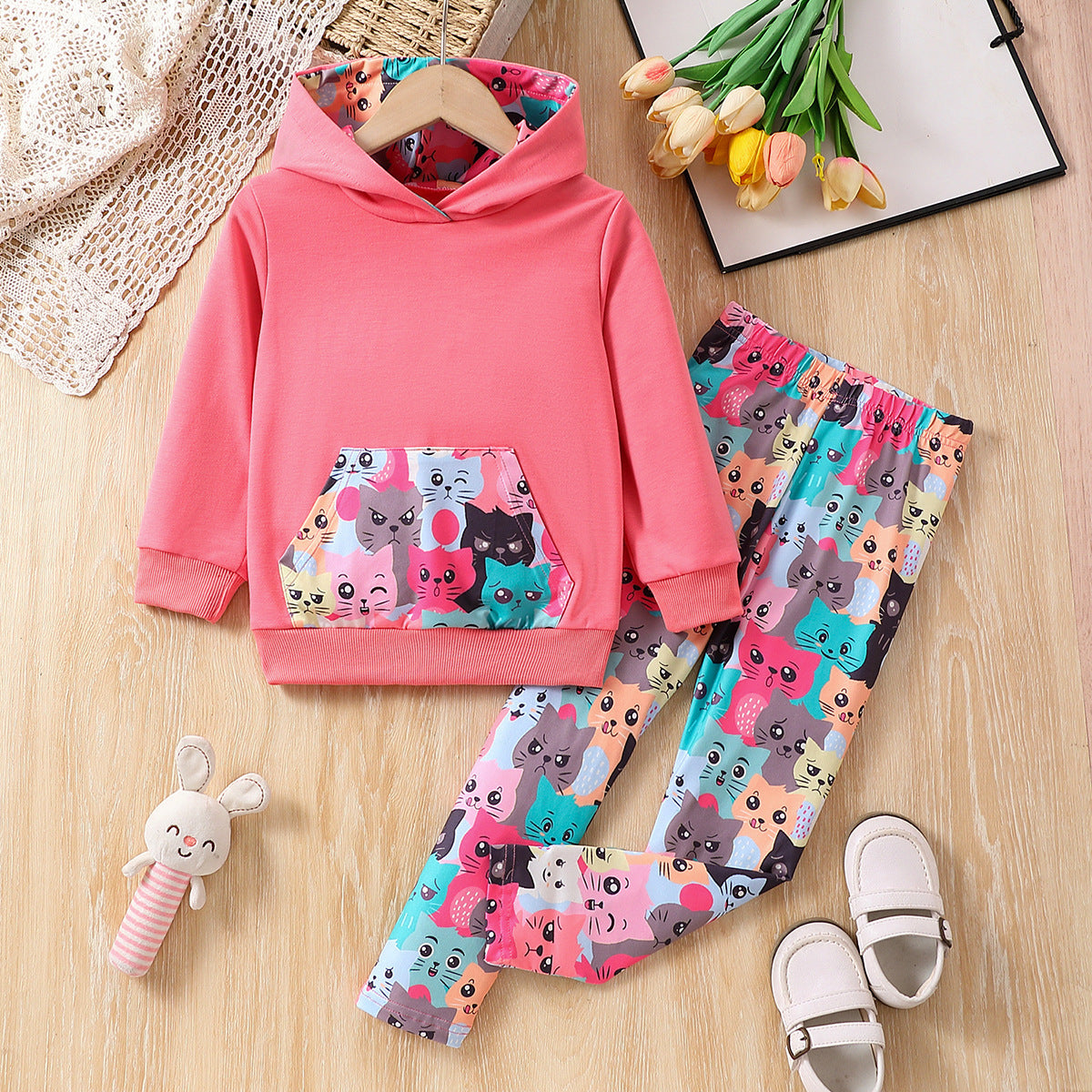 Girls' Cartoon Cat Long Sleeve Trousers Suit