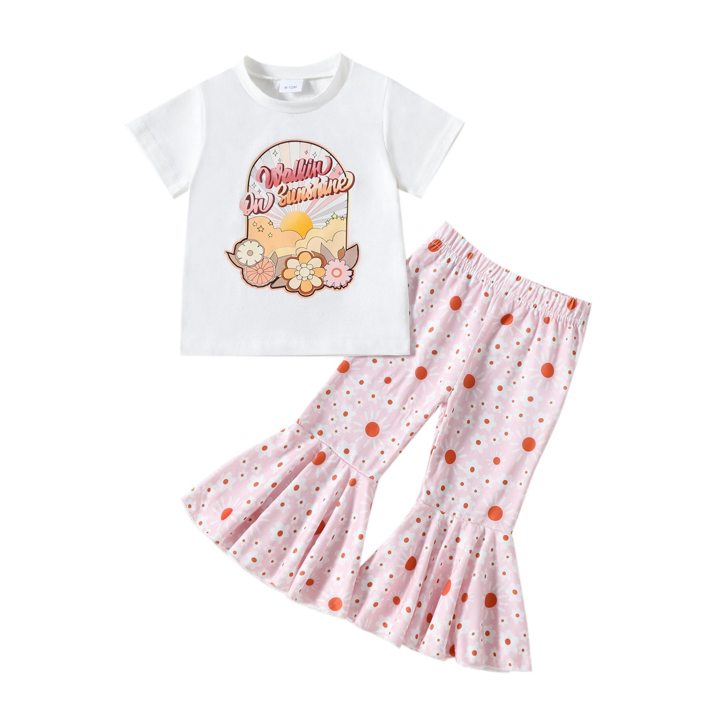 Girls' Flower Print T-shirt Bell-bottom Pants Summer 2pc Set