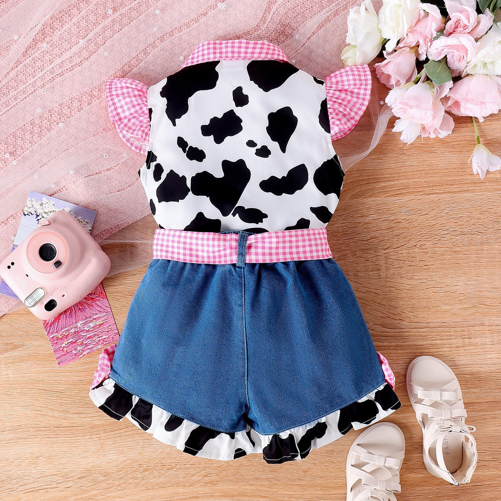 Flounced Sleeve Cow Print Top Denim Stitching Shorts Girls Suit