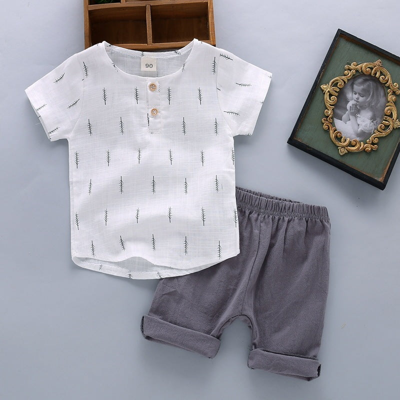 Boys' Casual Printed Cotton Linen Short Sleeved Pants Set