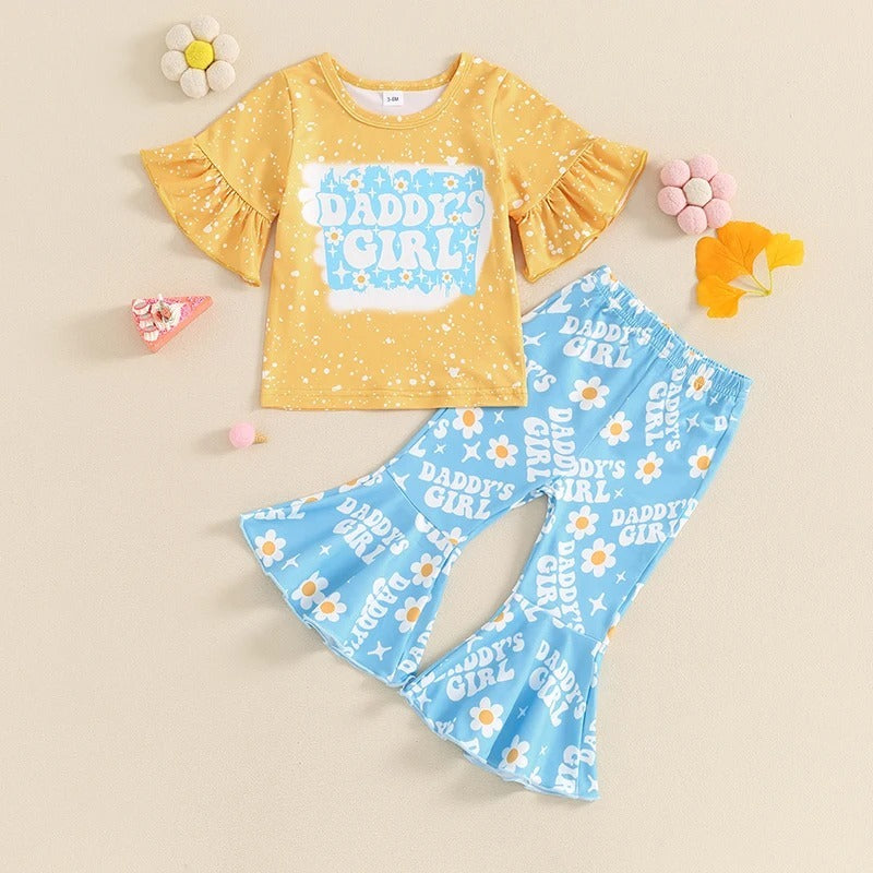 Girls' Short-sleeved Tassel Bell-bottom Pants 2pc Set
