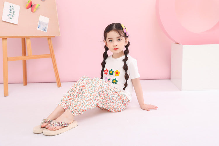 Short-sleeved T-shirt For Girls, Flower Print Top