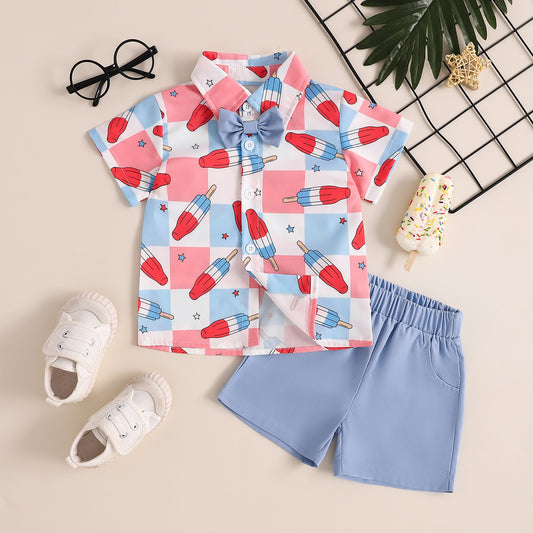 Boys Cute Fashion Gentleman Style Printed Shirt Shorts 2pc Suit