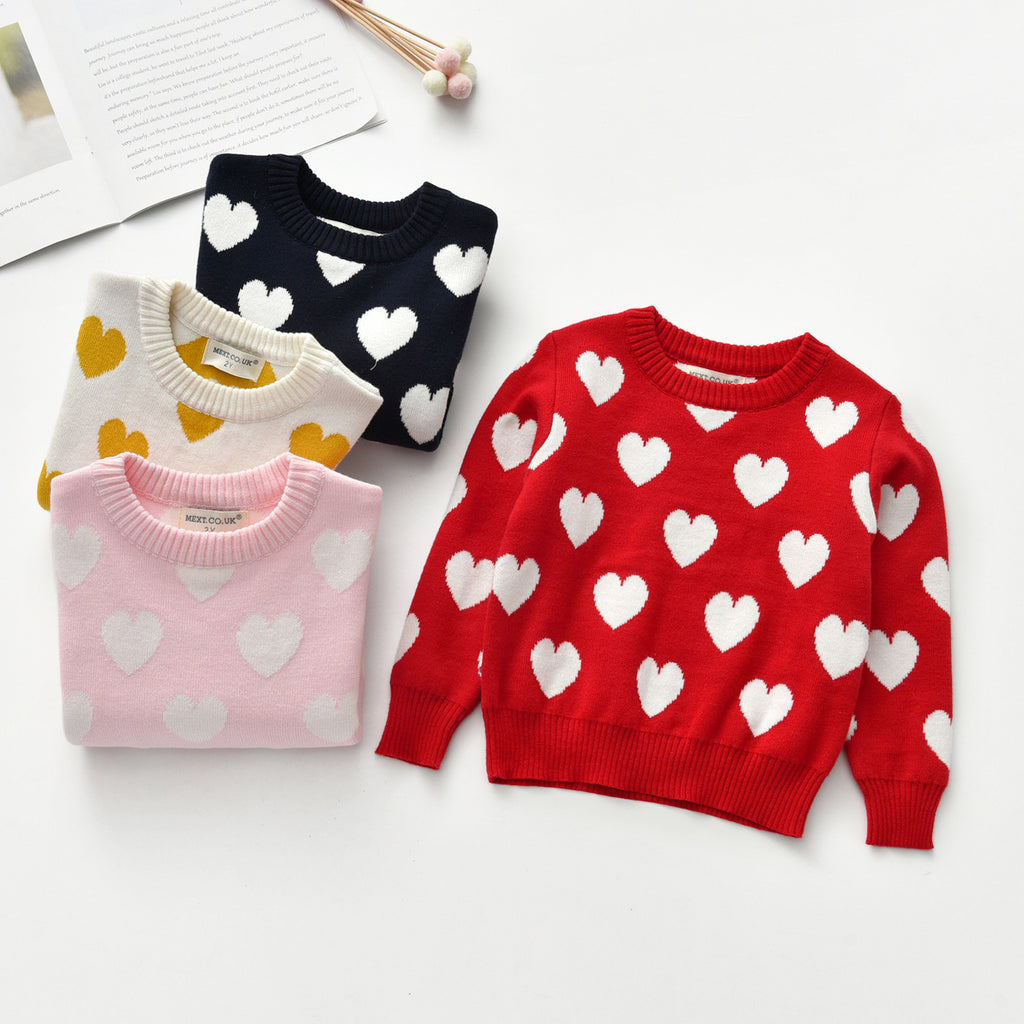 Heart Round Neck Long Sleeve Girl's Sweater