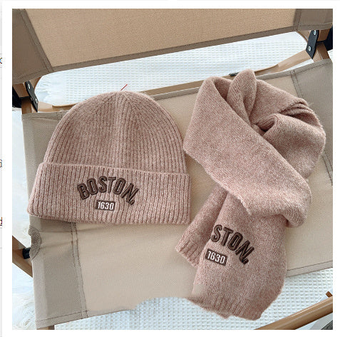 Children's Hat Scarf 2-piece Set Embroidered Letters Pure Color All-matching Autumn And Winter Warm