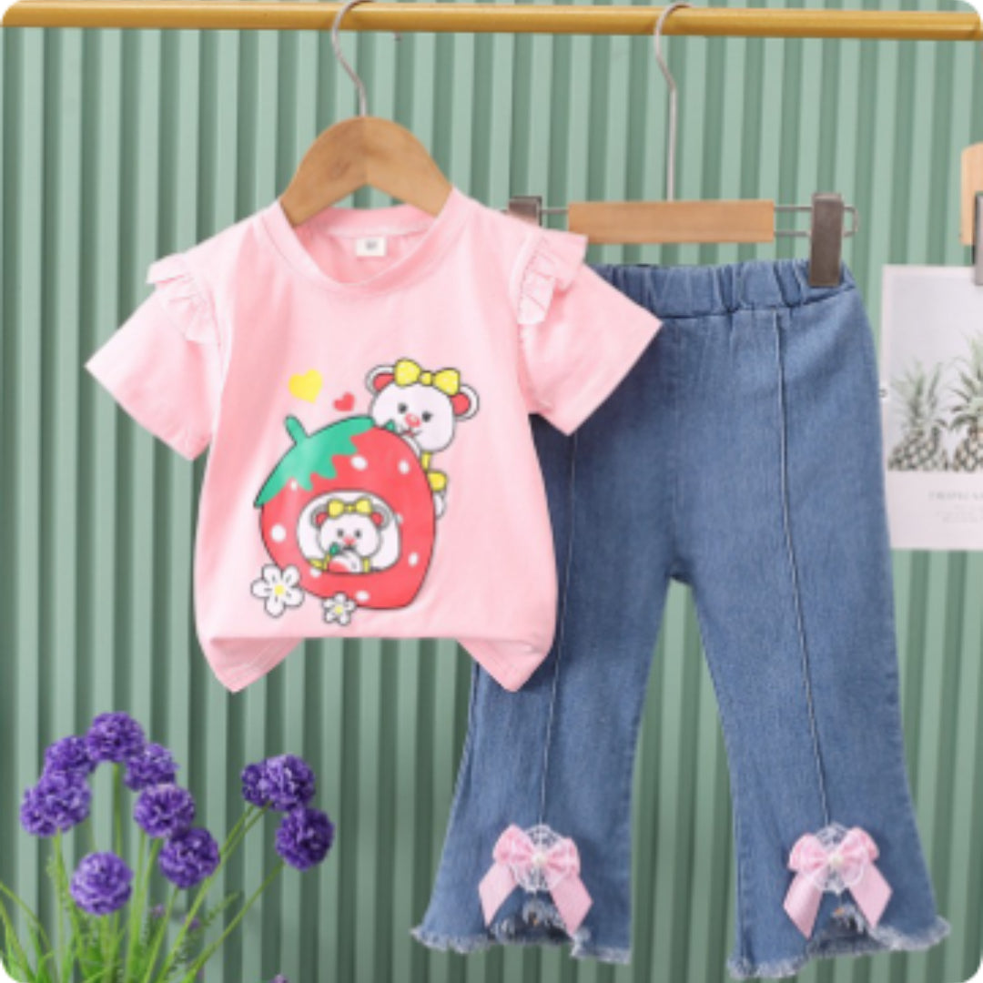 Girl's Short-Sleeve Denim Jeans Set