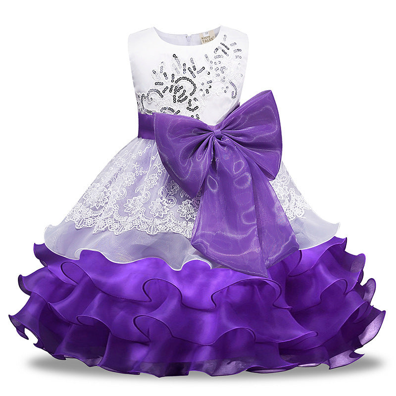 Girls' Sequined Dress With Large Bow & Ruffled Skirt