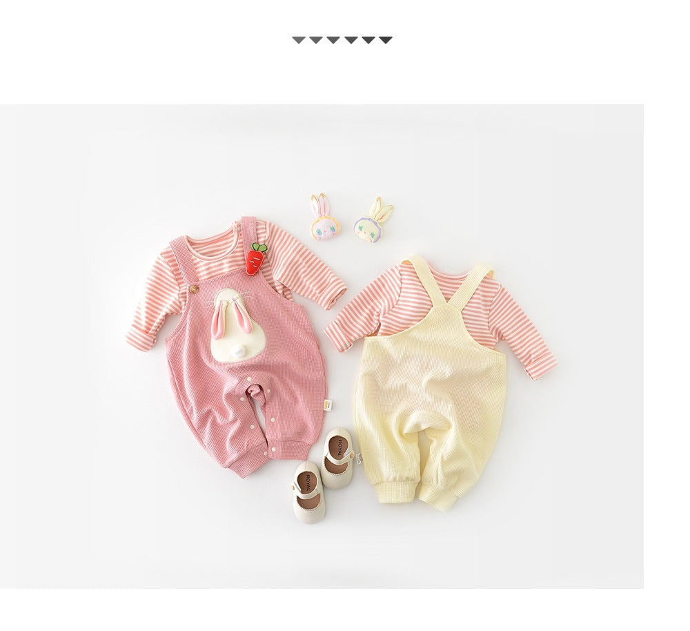 Infant Fashionable Cartoon Bunny Suspender Pants Baby Striped T-shirt Two-piece Set