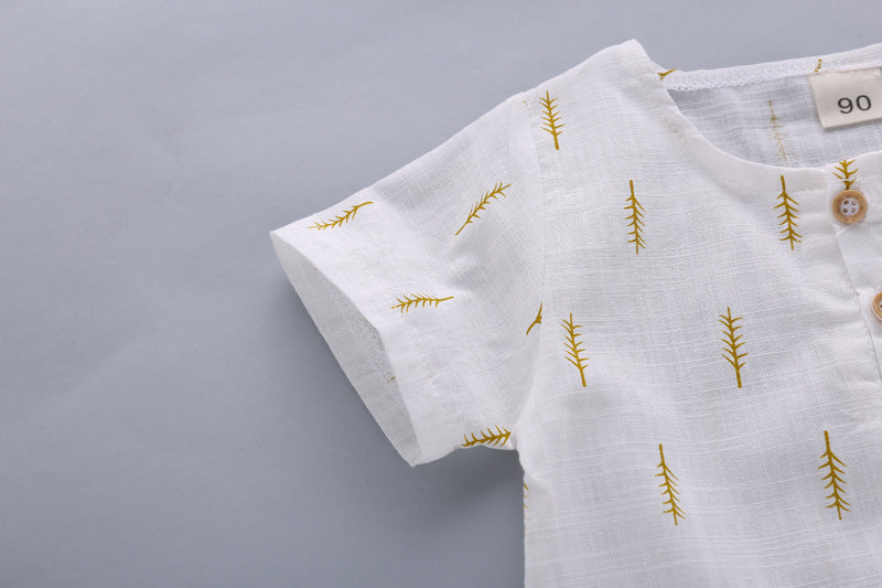 Boys' Casual Printed Cotton Linen Short Sleeved Pants Set