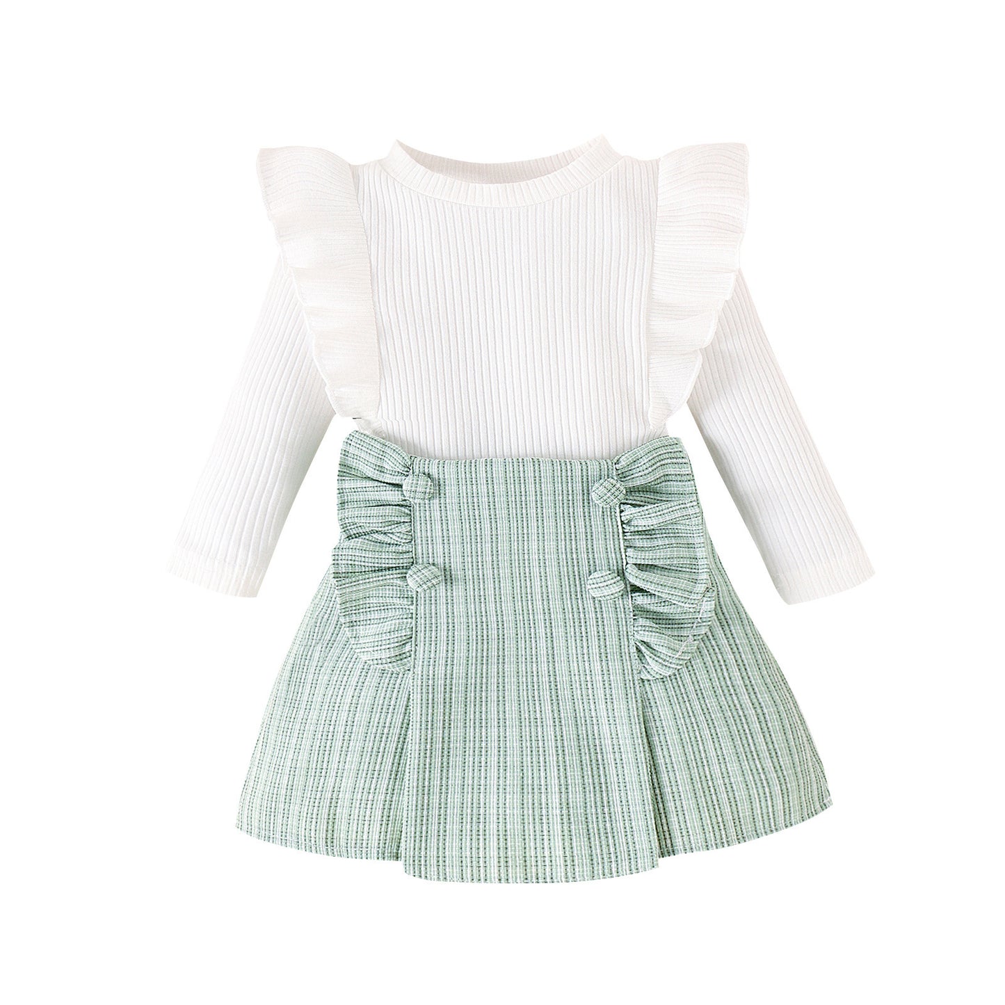 Baby Girls' Ribbed Long Sleeve Classic Style Plaid Short Skirt Two-piece Set