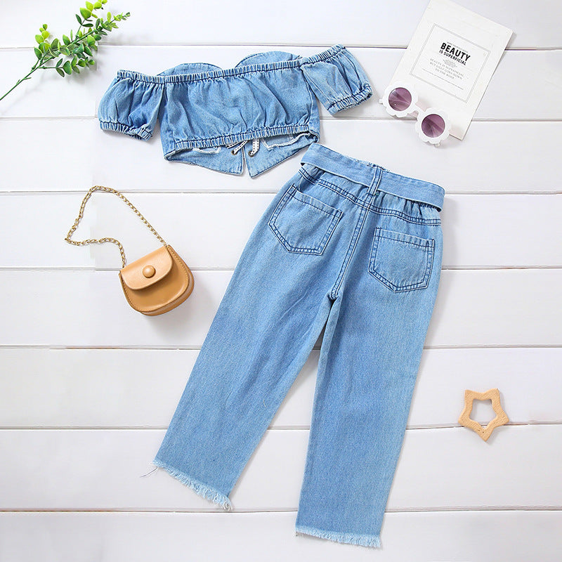 Girls' Off-shoulder Short Sleeve Lace-up Tube Top, Denim Ripped Trousers Suit