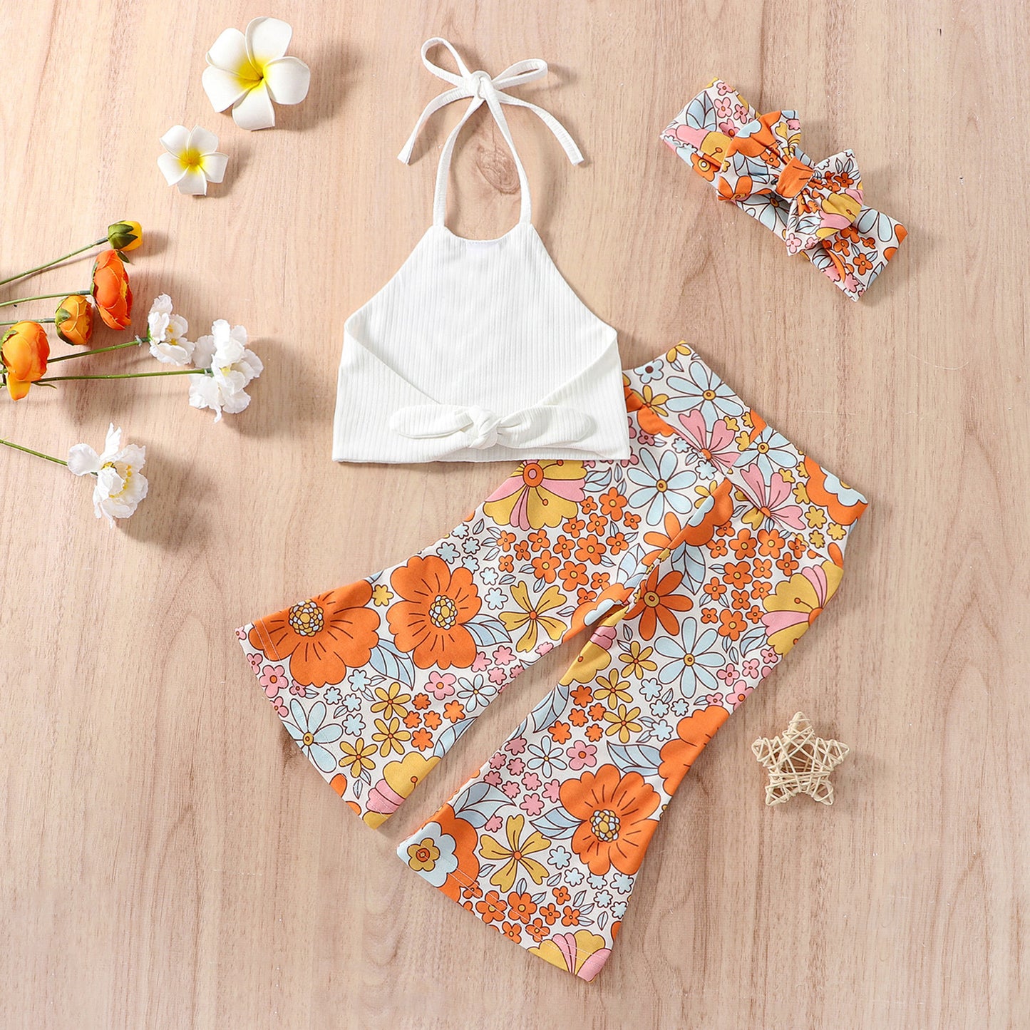 New Girls' Halter Top Printed Flare Pants Suit With Headband 3pc Set