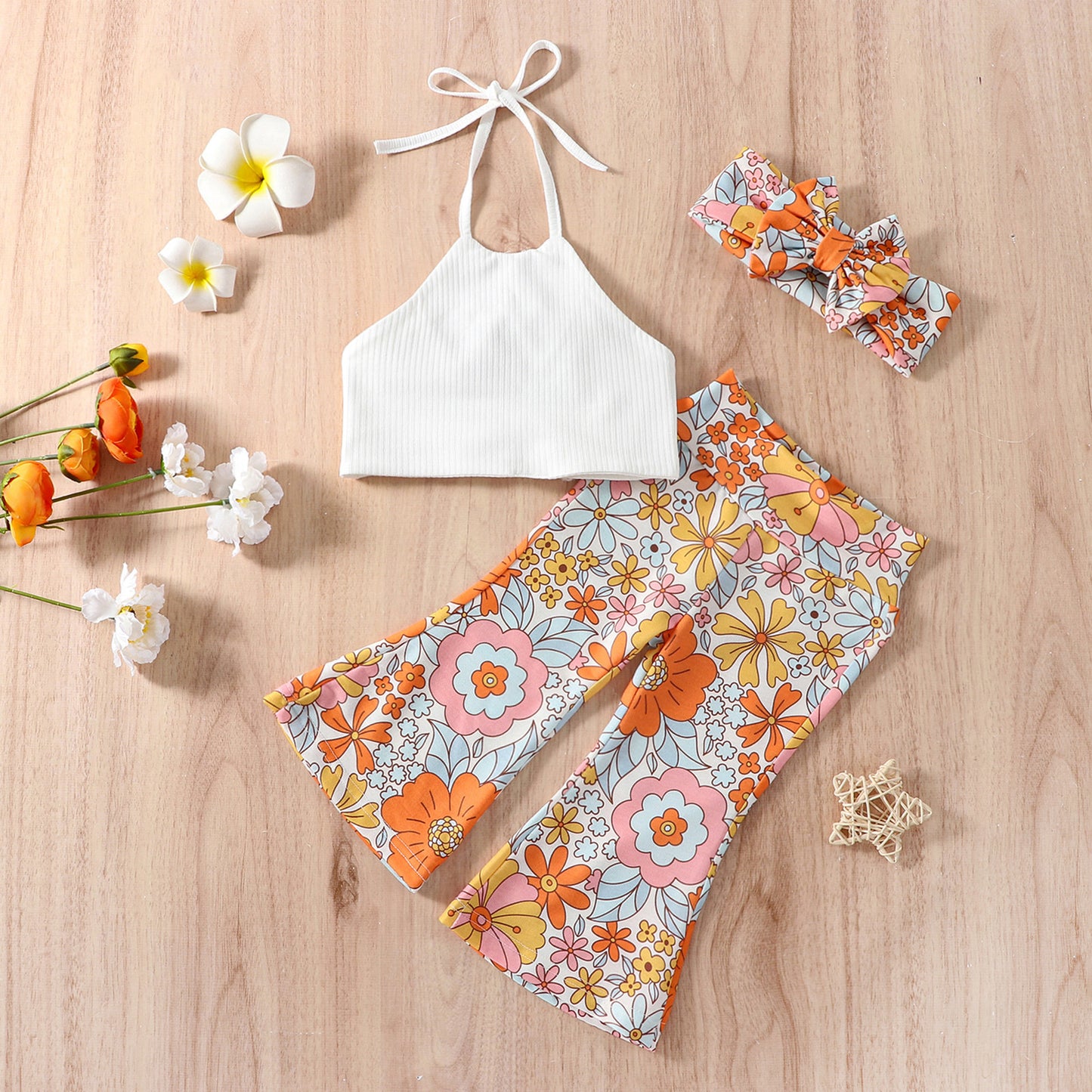 New Girls' Halter Top Printed Flare Pants Suit With Headband 3pc Set