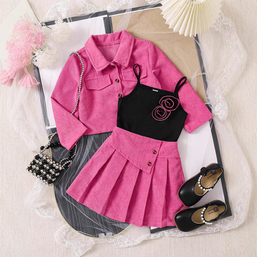 Girls' Spring Autumn Corduroy Short Skirt Sling Three-piece Set