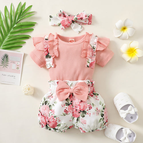 Baby/Toddler Sunken Stripe Cotton And Printed Shorts Plus Belt Fashion Style