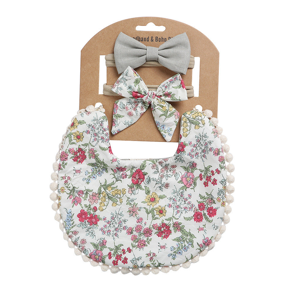 Newborn Baby Cute Floral Cotton Saliva Bib With Headband Set