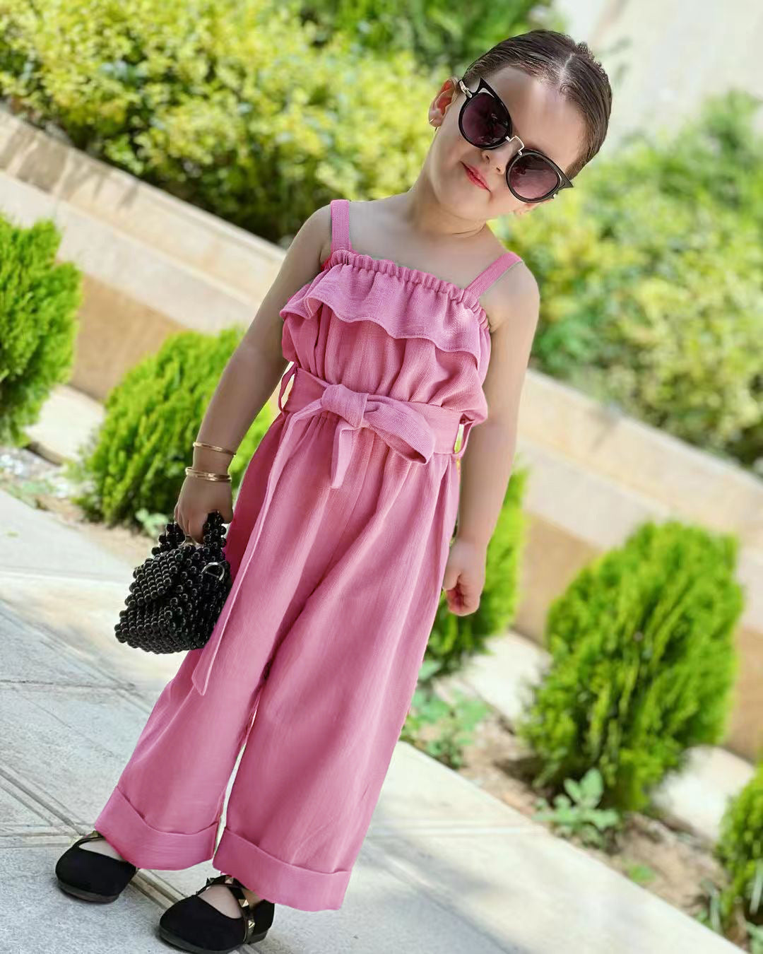 Girls' Solid Color Sleeveless Lace-up Waist Jumpsuit Wide-leg Pants