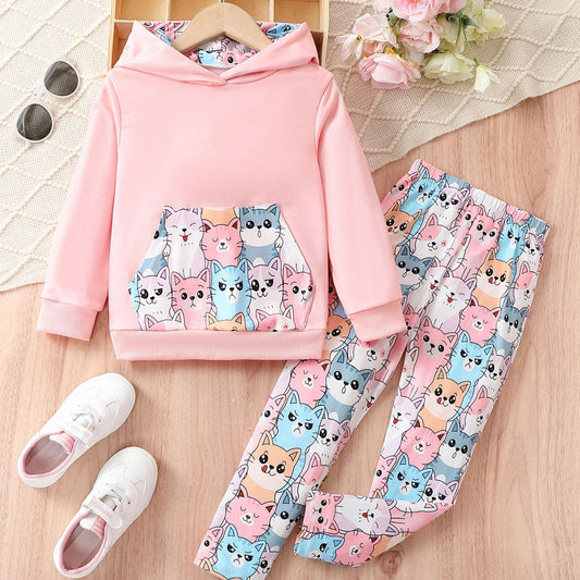 Girls' Cartoon Cat Long Sleeve Trousers Suit