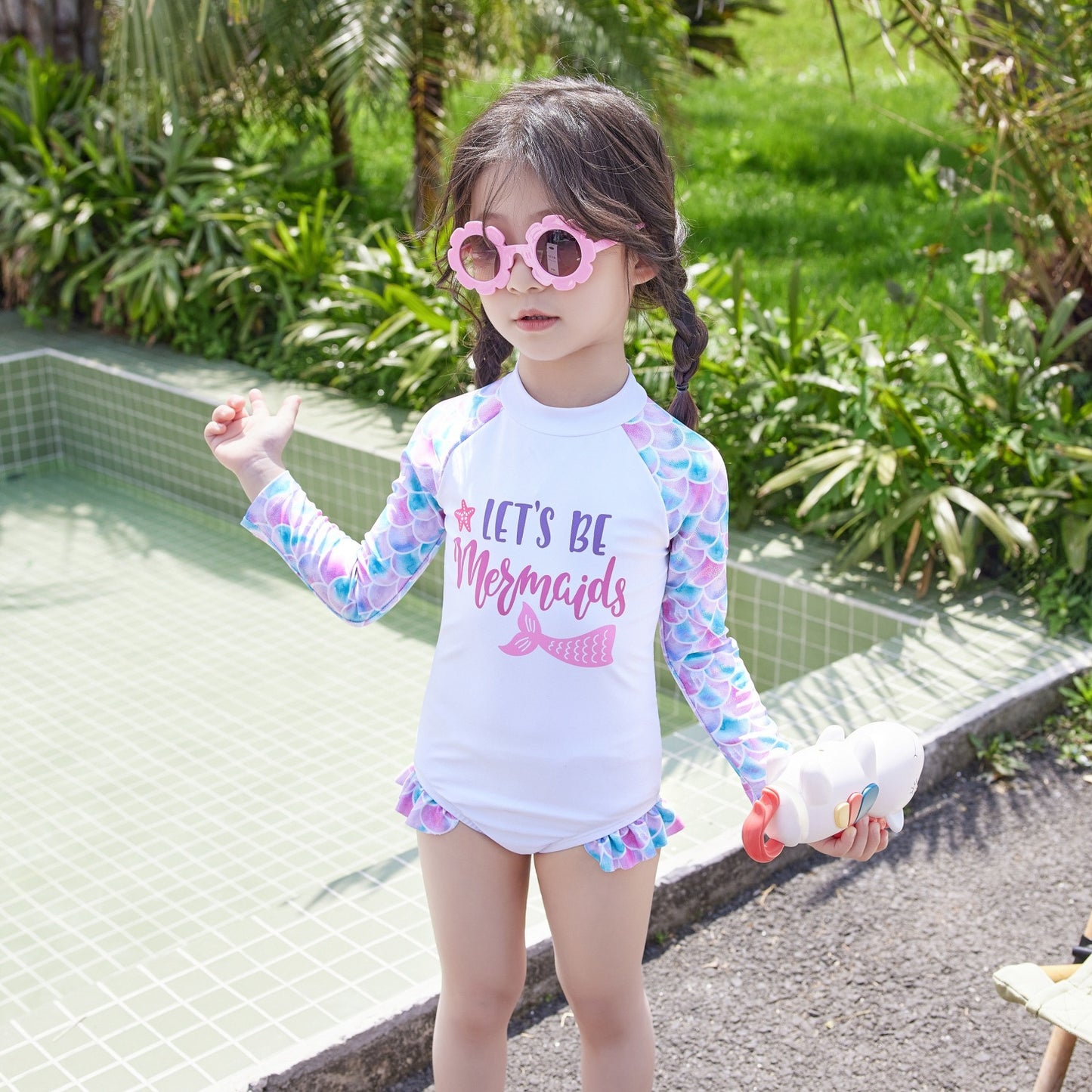 Children's Girl Swimsuit New Cute One-piece Long Sleeves Swimwear