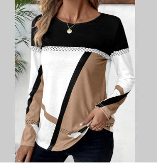Pullover Round Neck Contrast Colour Stitching Geometric Print Top
