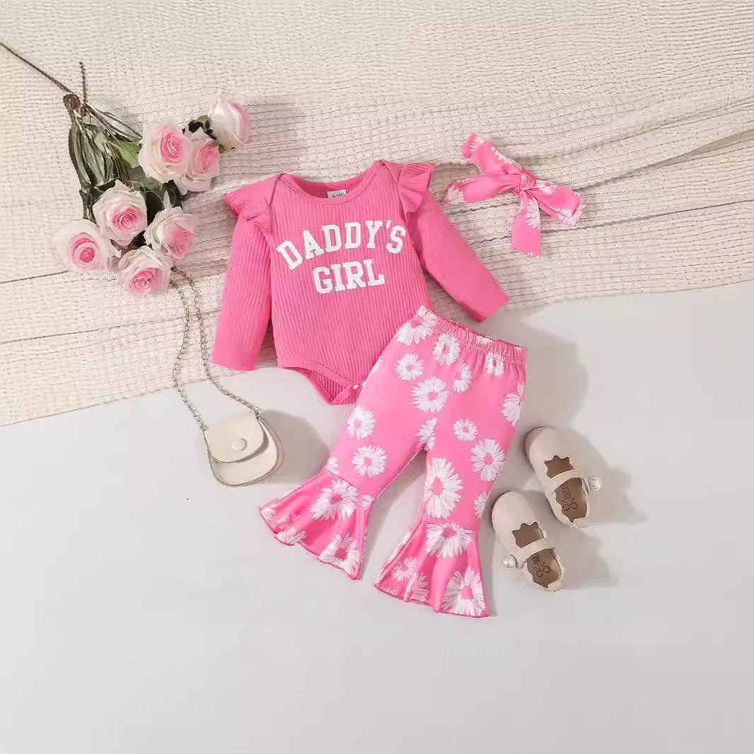 Baby Girl Cartoon Animal Flower Bell-bottom Pants Long Sleeve Headdress Three-piece Set