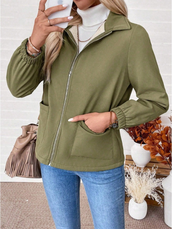 Casual Solid Color Zipper Fleece Jacket, Autumn Winter