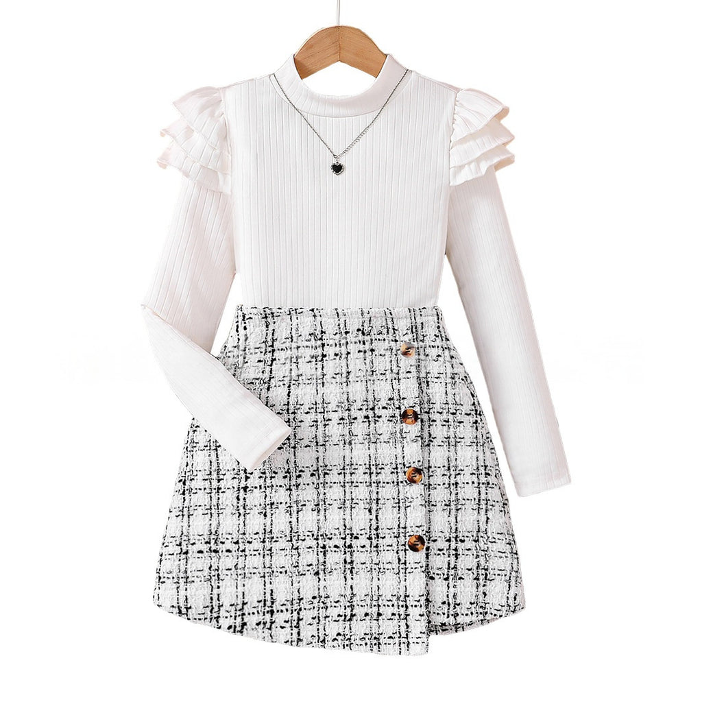 Girls' Long-sleeve Knitted Asymmetrical Skirt Set