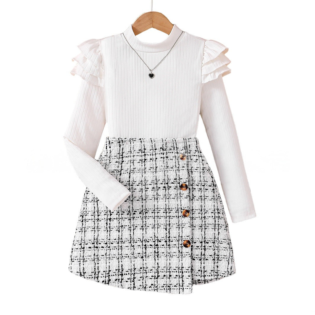 Girls' Long-sleeve Knitted Asymmetrical Skirt Set