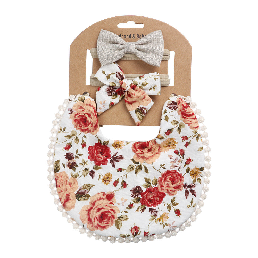 Newborn Baby Cute Floral Cotton Saliva Bib With Headband Set