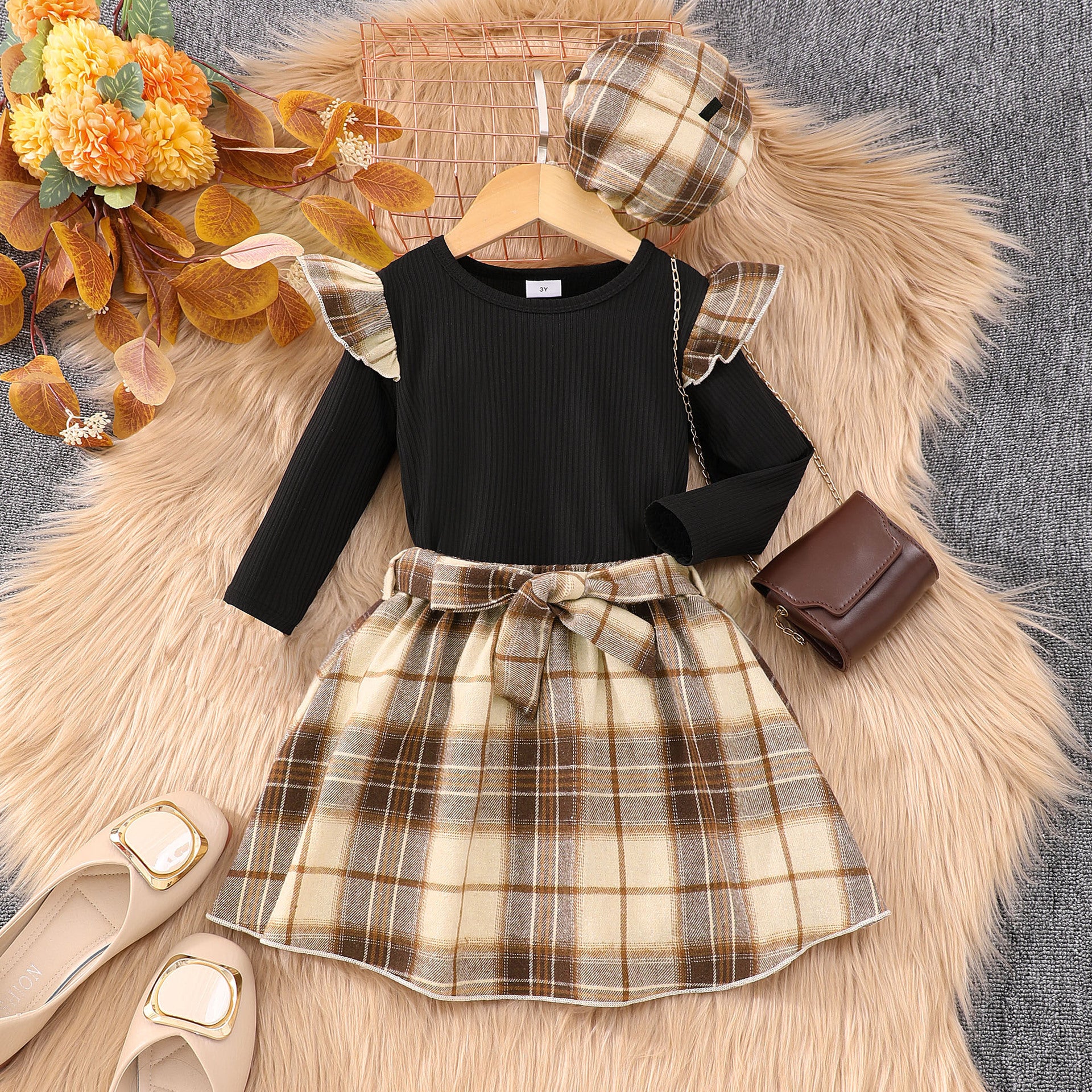 Girl's Ruffled Plaid Skirt 2pc Set