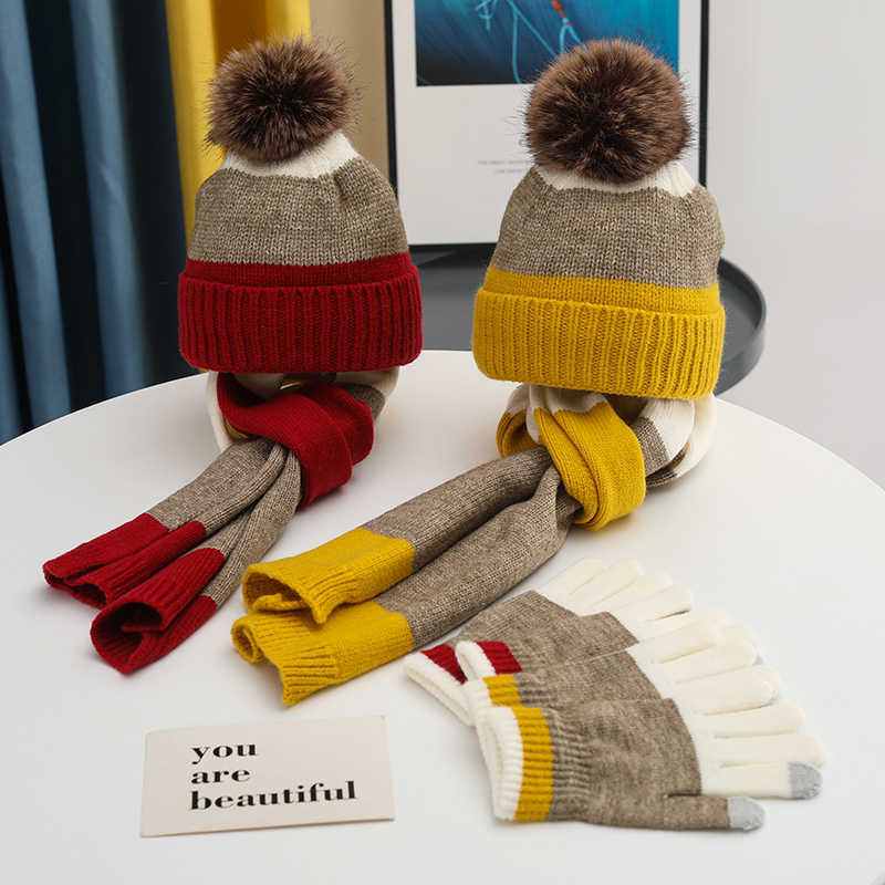 Assorted Colors Fleece Thick Wool Hat Scarf Gloves 3-piece Set