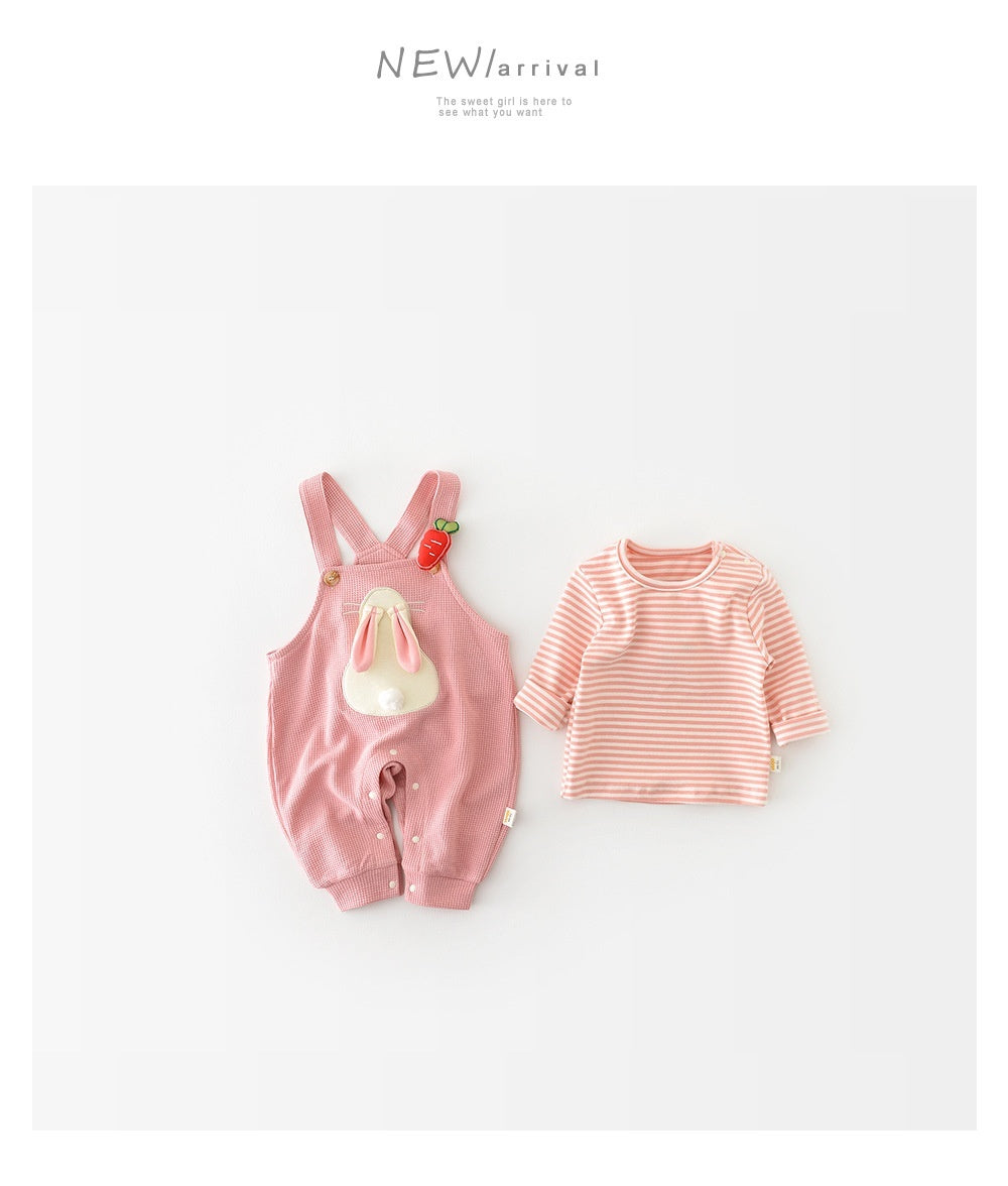 Infant Fashionable Cartoon Bunny Suspender Pants Baby Striped T-shirt Two-piece Set