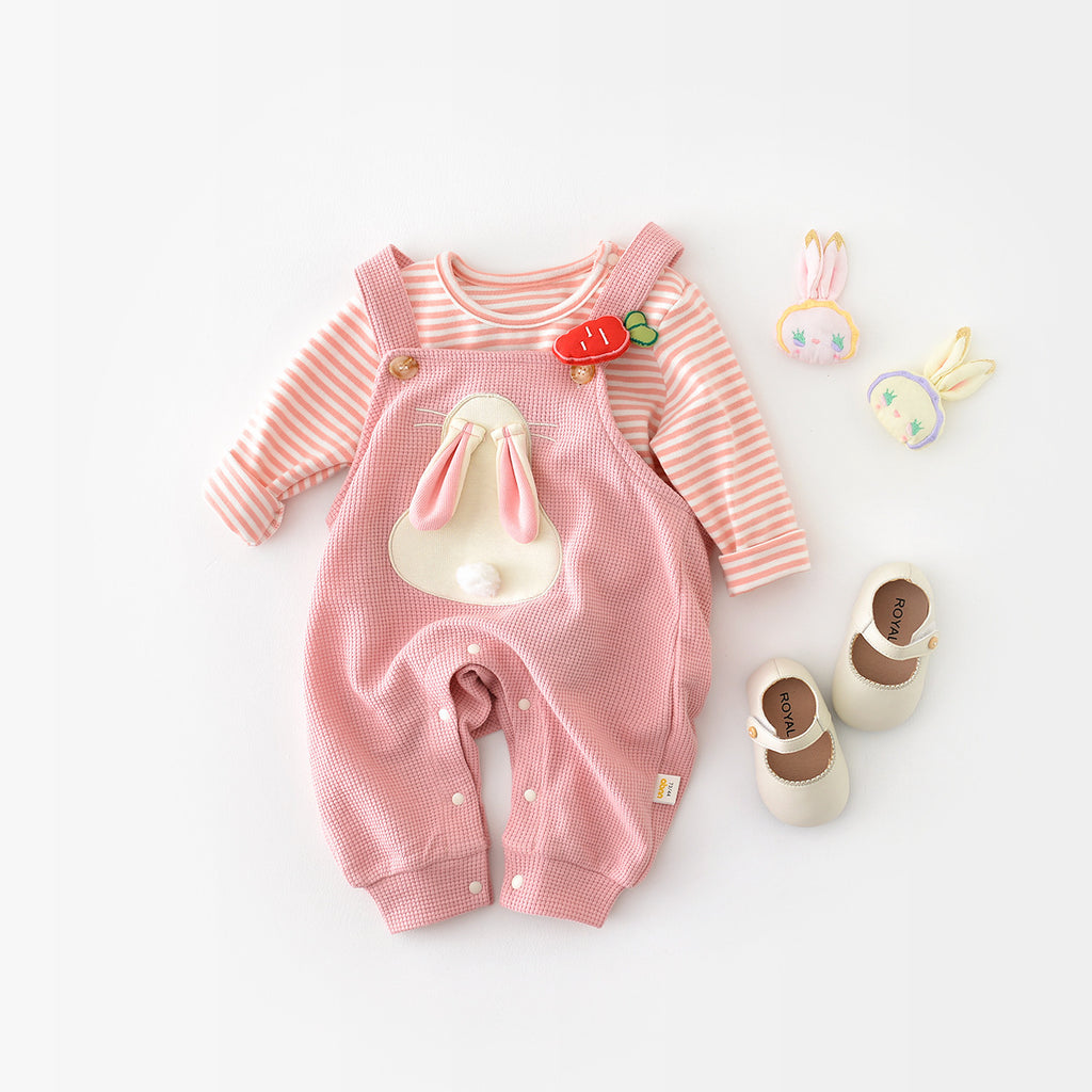 Infant Fashionable Cartoon Bunny Suspender Pants Baby Striped T-shirt Two-piece Set