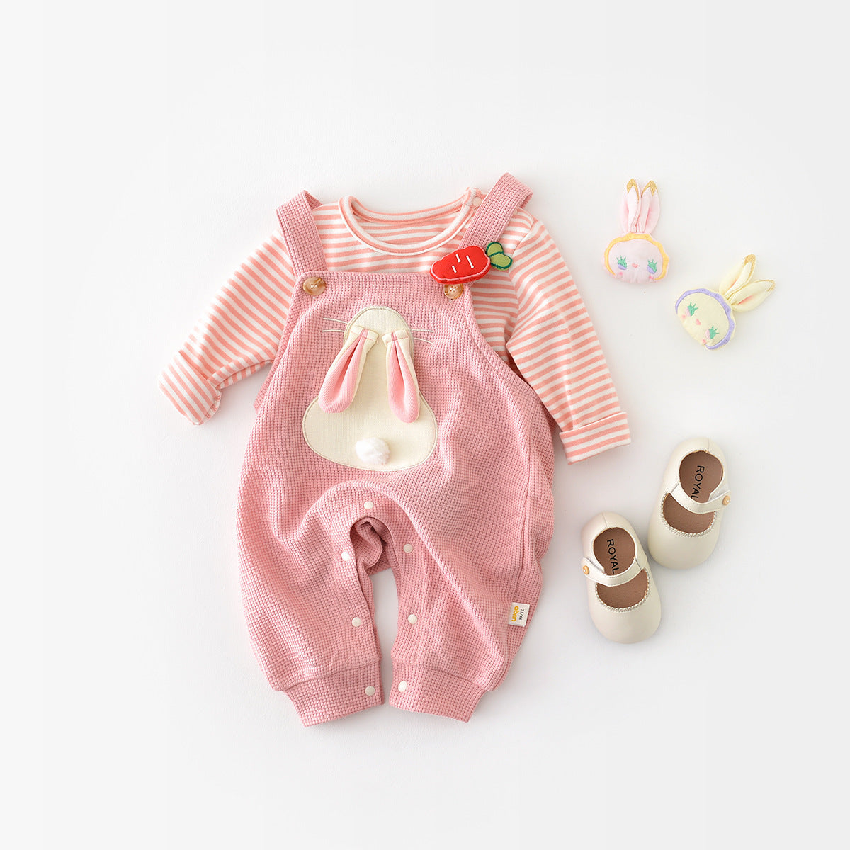 Infant Fashionable Cartoon Bunny Suspender Pants Baby Striped T-shirt Two-piece Set