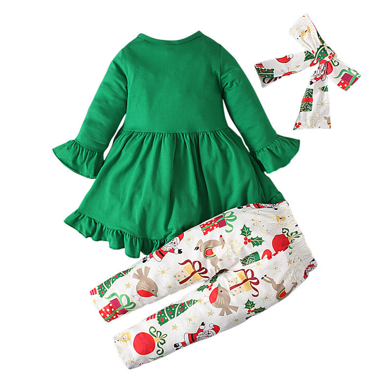 Girls' Christmas Dress, Printed Trousers, Hair Band 3 Pieces Set