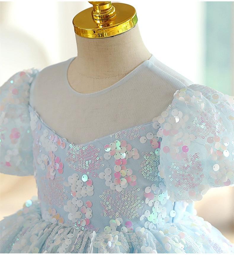 Girls Blue Sequins New Puff Sleeve Umbrella Princess Dress