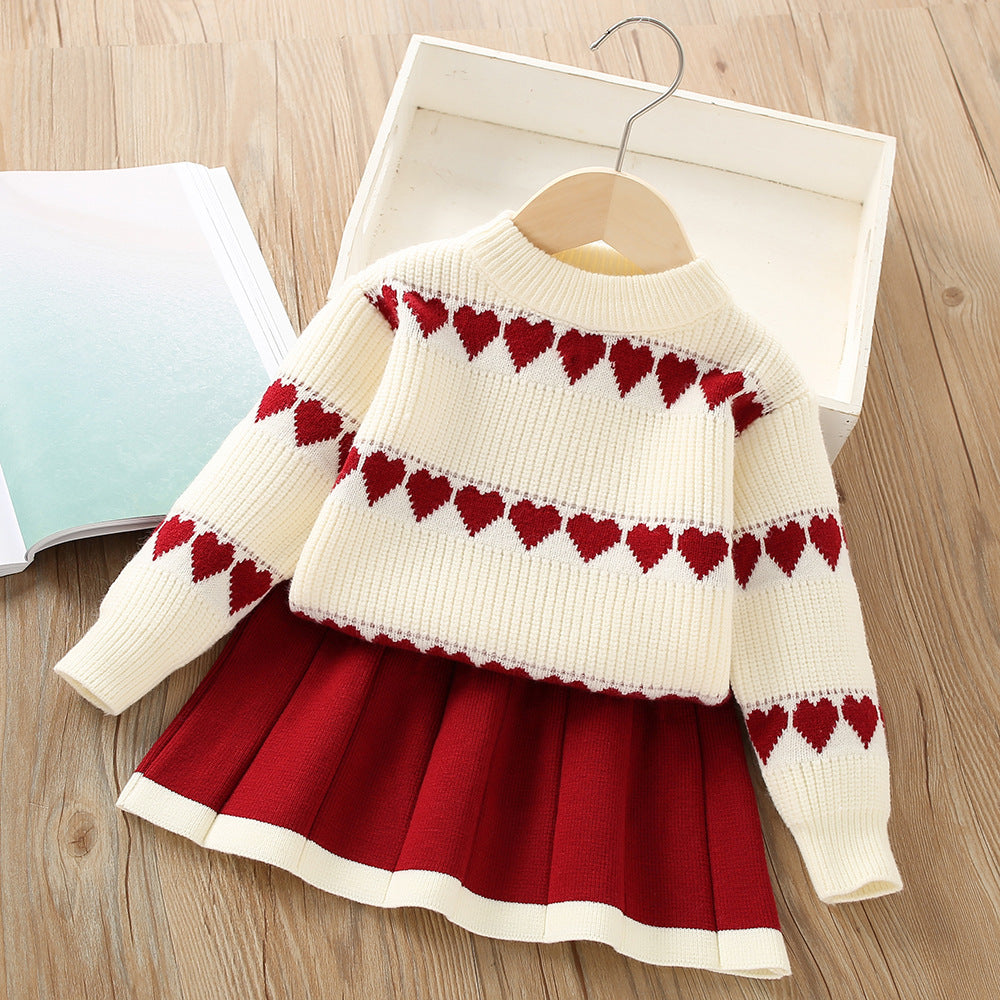 Girls Fashion Personality Heart Knitted 2pc Suit