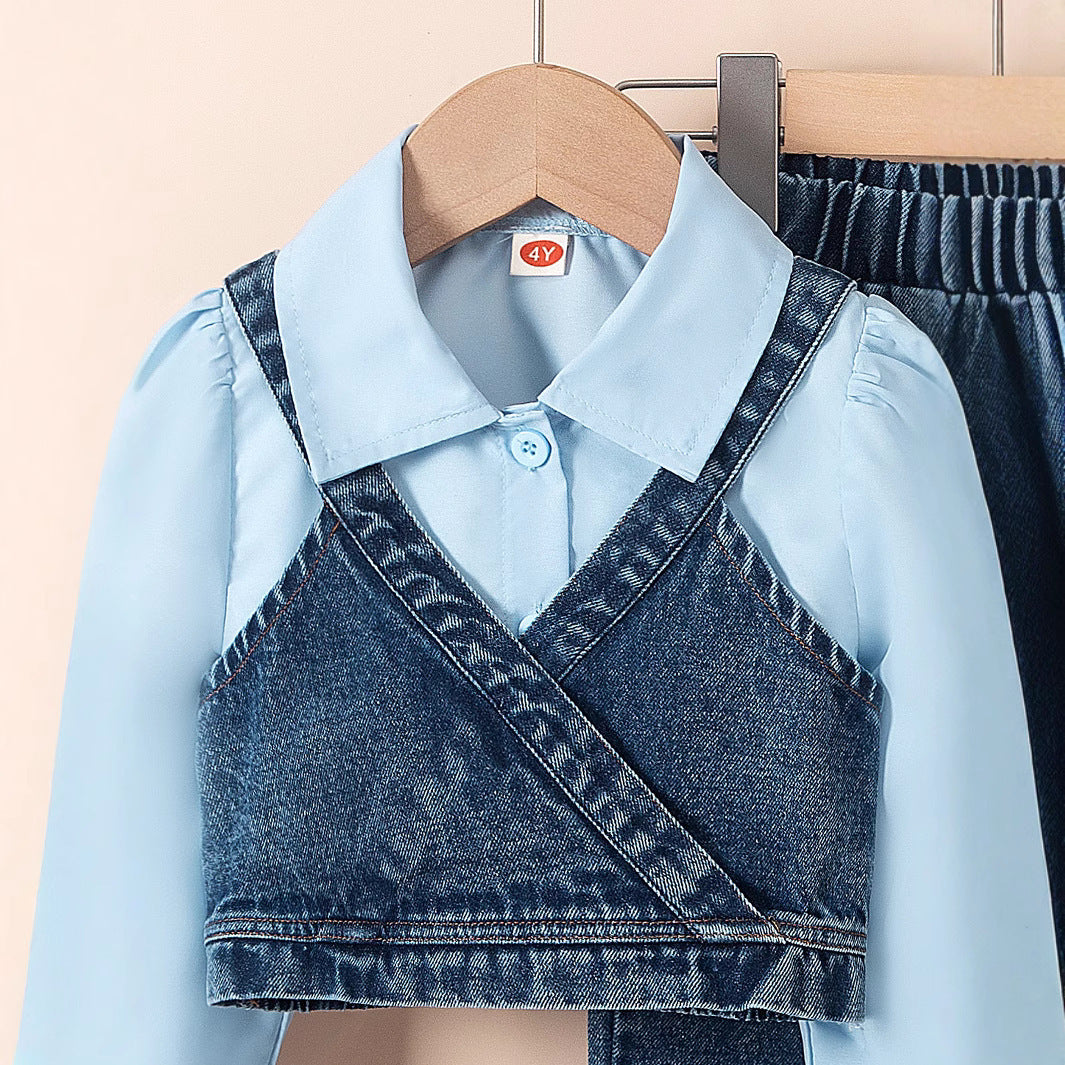 Girls' Lapel Shirt Denim Bell-bottom Pants Three-piece Suit