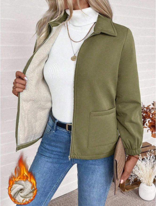 Casual Solid Color Zipper Fleece Jacket, Autumn Winter