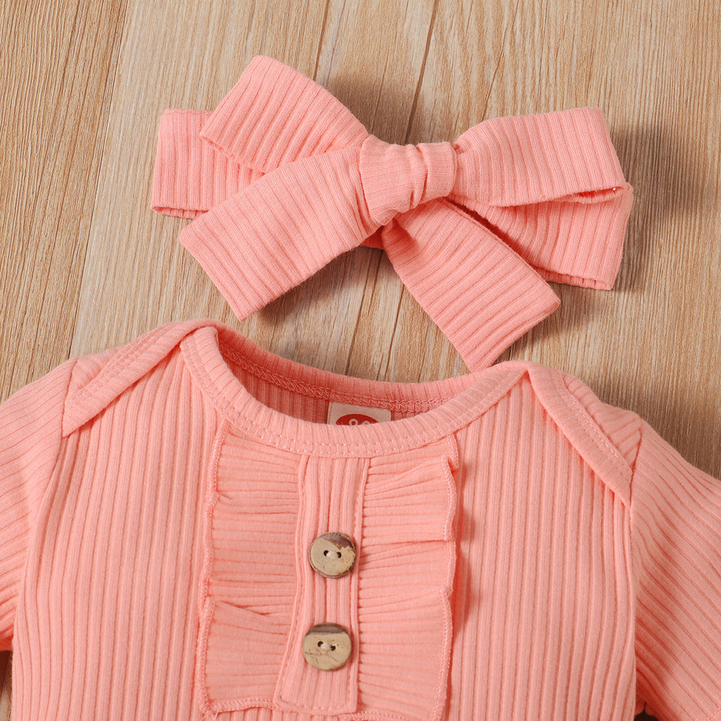 Baby Sunken Stripe Short Sleeve Onesie With Printed Pants & Headband 3pc Set
