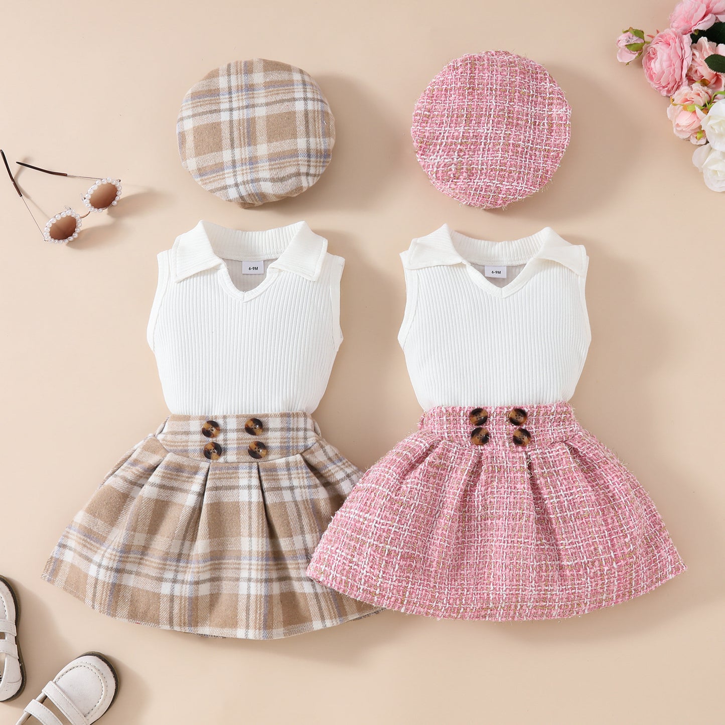 Girls' Fashion Beret Top Tartan Skirt 3pc Suit
