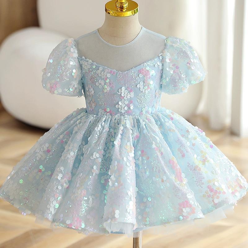 Girls Blue Sequins New Puff Sleeve Umbrella Princess Dress