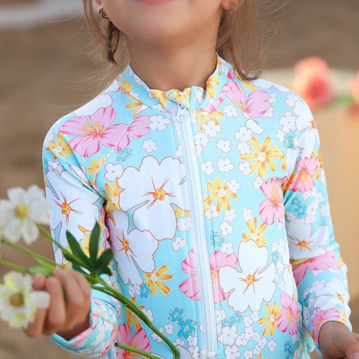 Girls' Summer Breathable One-piece Long Sleeves Printed Cute Swimsuit
