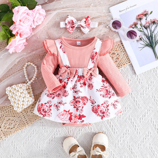 Baby Girl Long Sleeve Romper Pink Floral Suspender Dress