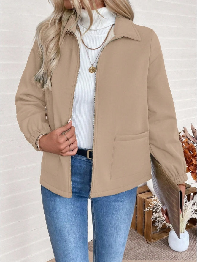 Casual Solid Color Zipper Fleece Jacket, Autumn Winter