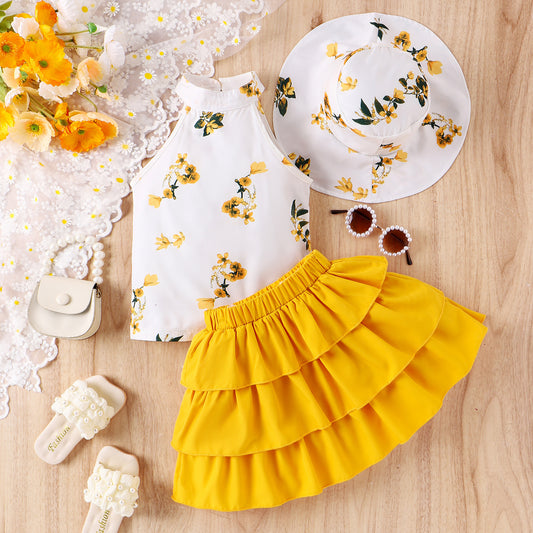 Printed Halter Top Cake Skirt With Hat Suit