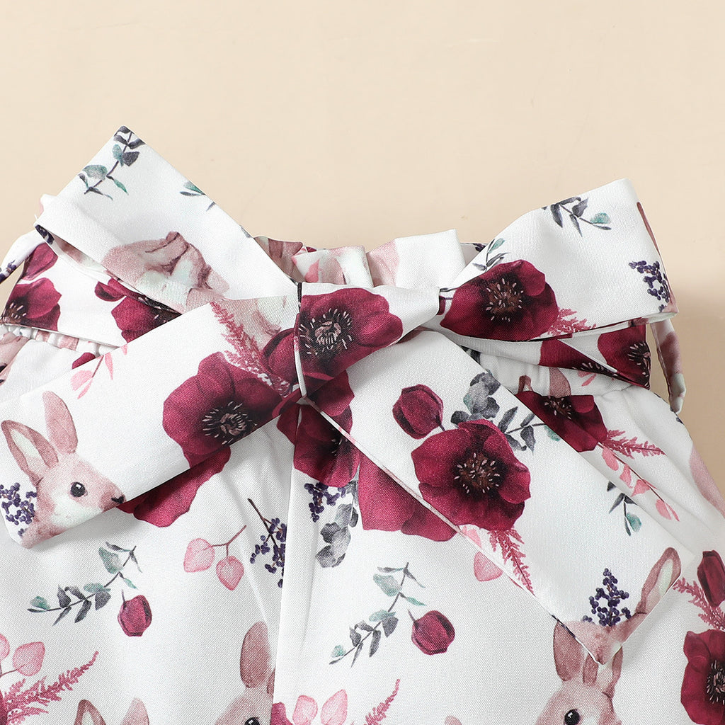 Rabbit Embroidered Flounced Sleeve Onesie Top Rabbit Printed Shorts with Headband 3pc Set