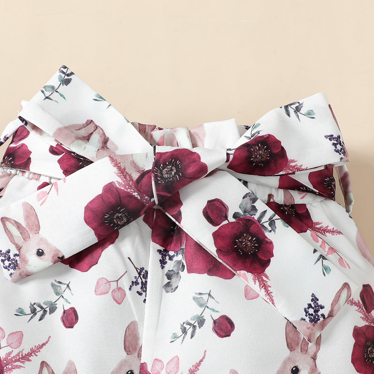 Rabbit Embroidered Flounced Sleeve Onesie Top Rabbit Printed Shorts with Headband 3pc Set