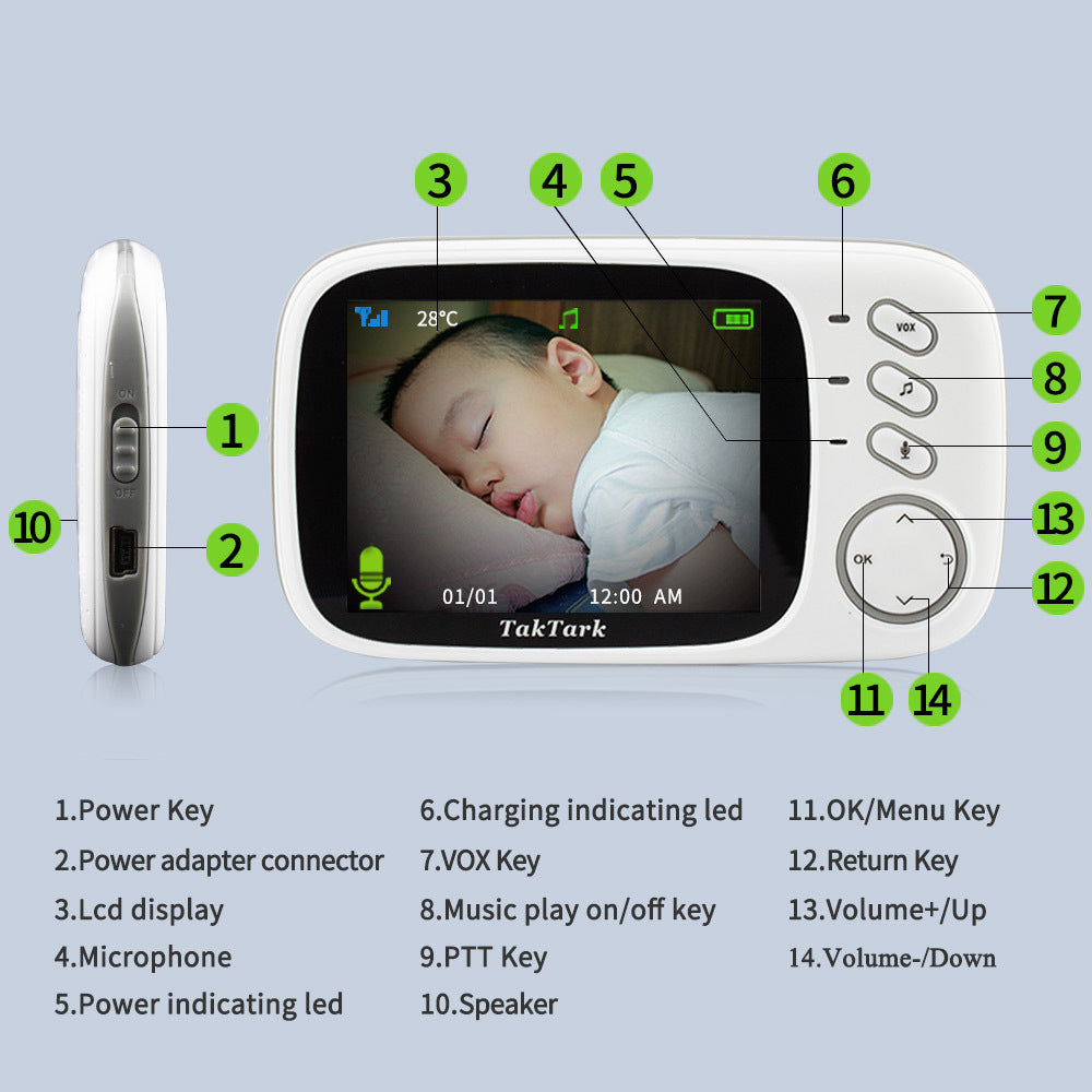 3.2 Inch Digital Baby Monitor Camera, Voice Intercom, 8 Built-in Lullabies